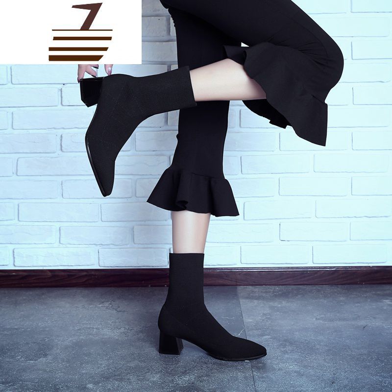 尗卡新款单靴黑色针织毛线粗跟中跟短靴女尖头弹力袜靴马丁靴女士靴子