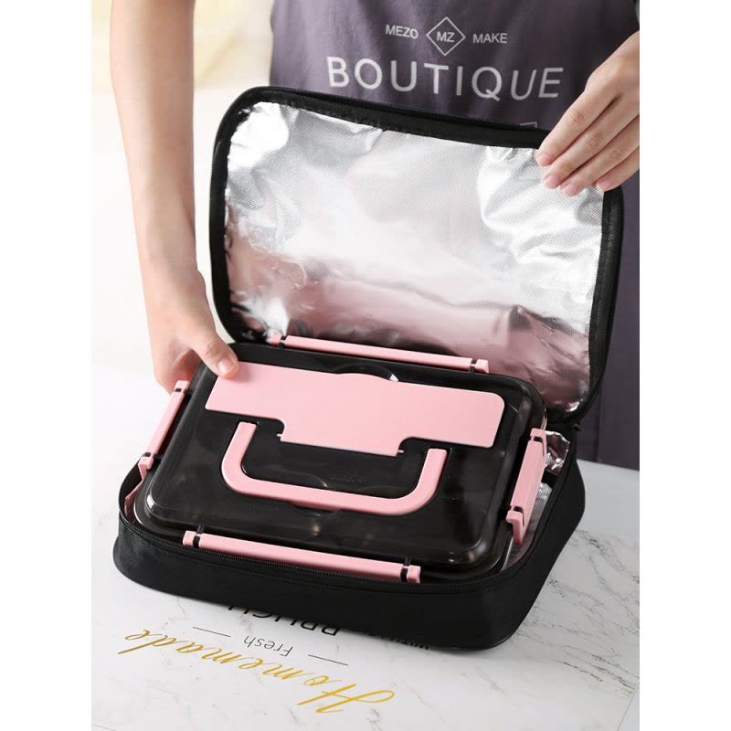 茶具分格保温便当饭盒便携不锈钢简约大容量学生上班族带饭的餐盒套装 蓝色三茶具分格1500ML+餐具+保温袋图片