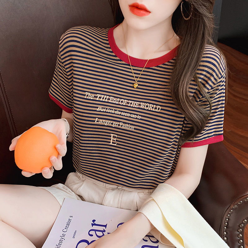 条纹T恤女2021夏季新款韩版宽松显瘦圆领短袖女上衣潮高清大图