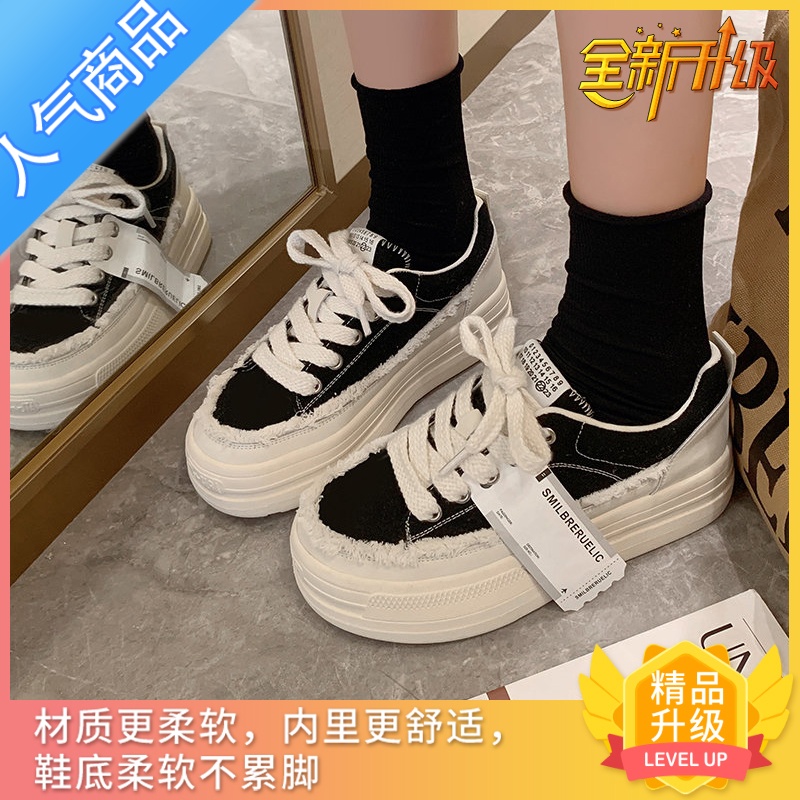 SUNTEK小众设计感帆布小白鞋女2023新款春秋女鞋增高百搭厚底休闲板鞋潮高清大图