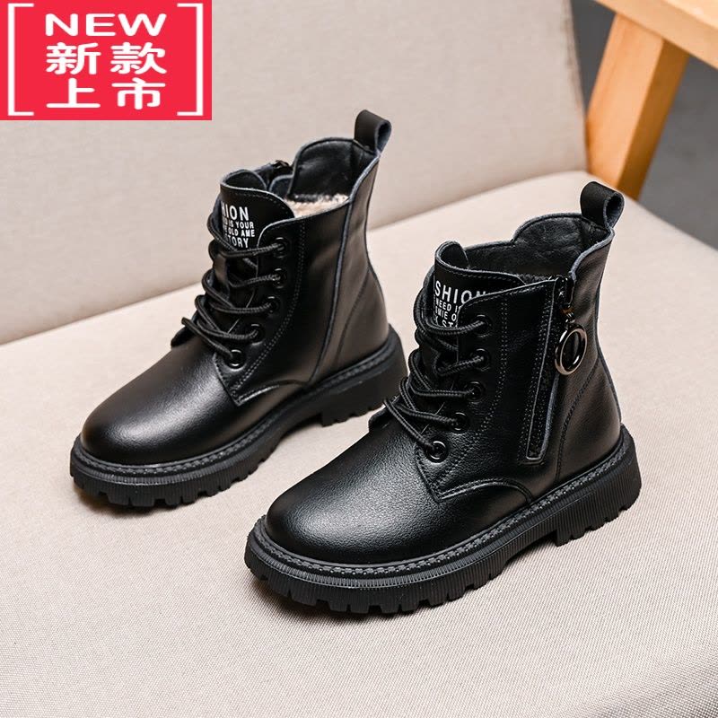 可莉允女童马丁靴雪地靴儿童靴子2022年新款秋冬二棉鞋加绒加厚黑色短靴图片