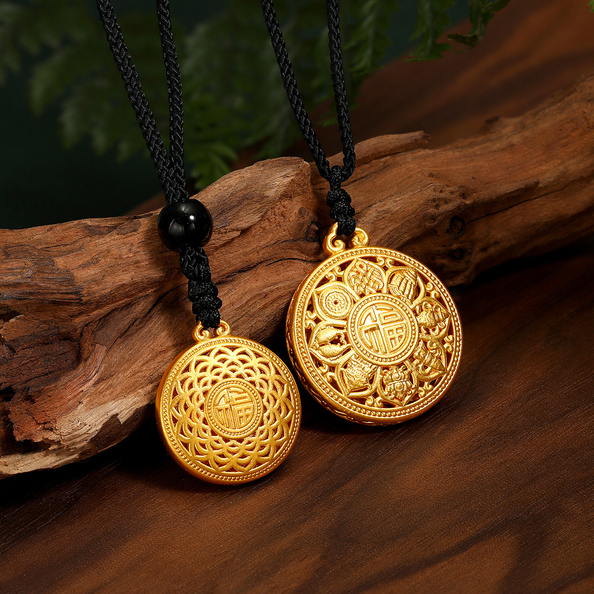 梦金园双面福字八宝罗盘足金吊坠莲花黄金吊坠5d无氰硬金坠子/男女