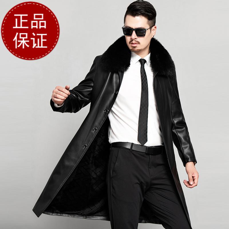 掉皮包换海宁真皮皮风衣男长款过膝狐狸毛领中年皮风衣绵羊皮大衣外套加绒早买早便宜_452 180/92A 黑色加狐狸毛领