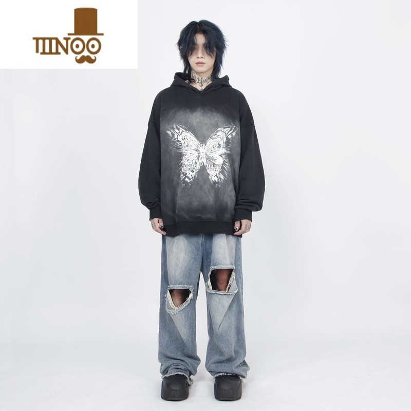 YANXUMz 美式复古做旧水洗晕染印花连帽卫衣男小众高街情侣帽衫潮秋季高清大图