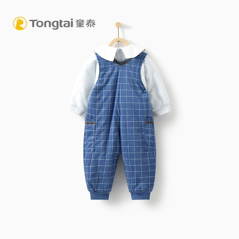 童泰秋冬新款婴儿衣服背带棉衣套装5-24月男女宝宝薄棉翻领两件套