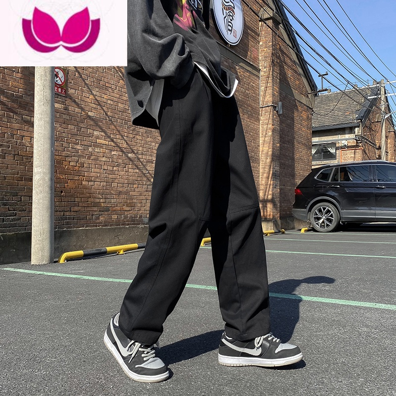 七斓秋季纯色简约阔腿裤男复古直筒工装裤港风小众美式宽松个性九分裤