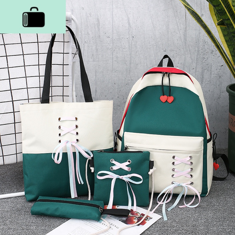 双肩包女2020新款韩版潮初中生高中学生百搭校园背包ins风书包女NEW LAKE 绿色下彩带
