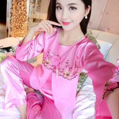 夏季新款冰丝质丝绸睡衣女春秋季韩版薄款长袖家居服性感两件套装财