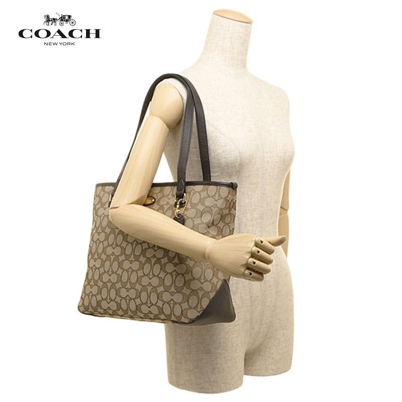 【直营】蔻驰(COACH) 经典马车C纹卡其布拉链托特手提包斜跨包 Coach 女包