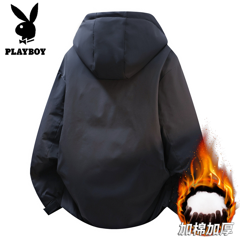 花花公子新款2025冬加厚保暖外套户外防风夹克连帽通勤棉衣高清大图