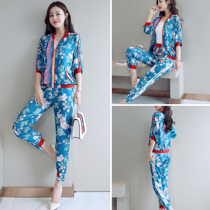 早秋女装女士新品套装时尚棒球服外套时髦印花+裤子港味两件套潮