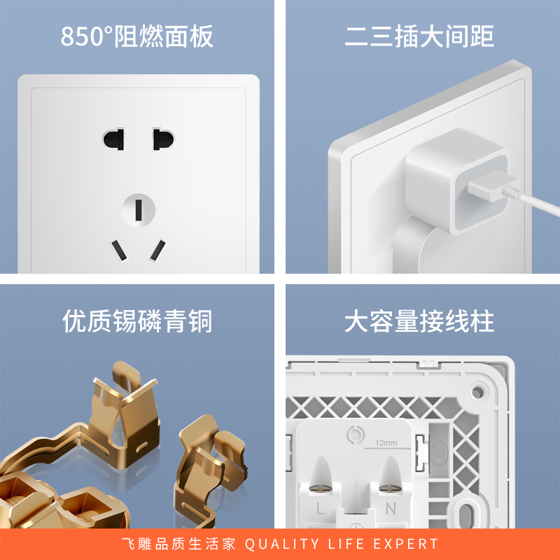 飞雕(FEIDIAO)开关插座 86型家用暗装超大面板PC支架 品意系列家用插座联体二三插 品意白10A五孔插