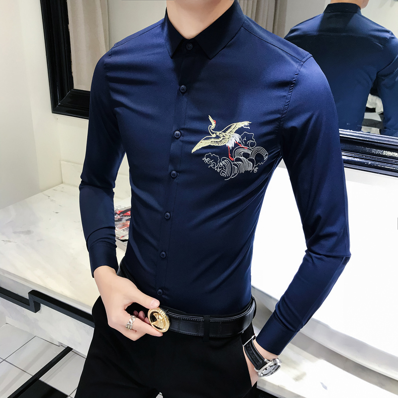 韩版修身男士绣花长袖衬衫青年夜店型师修身工作服潮男免烫寸衫