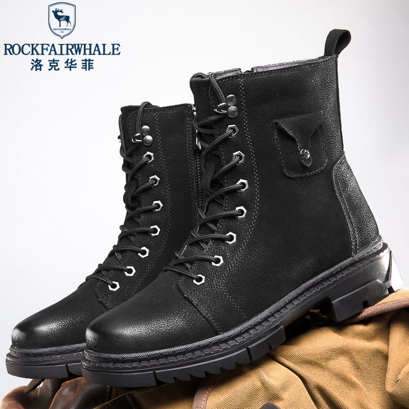 洛克华菲马丁靴冬季复古男鞋中帮英伦风工装靴加绒高帮真皮潮男黑色靴子图片