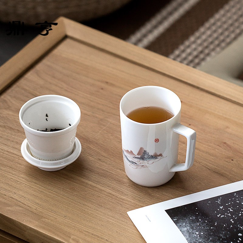 鼎亨千里江山德化白瓷中式茶杯陶瓷过滤带盖办公室泡茶杯茶水分离