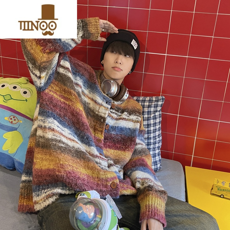 YANXU彩色条纹开衫毛衣男款潮牌撞色针织衫慵懒风宽松休闲线衣外套高清大图