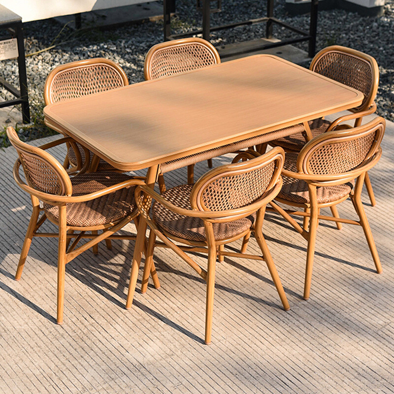 紫叶户外桌椅组合花园露天阳台室外藤编椅休闲庭院桌椅藤椅三件套 6【原木色有扶手椅】+【长桌135x80】