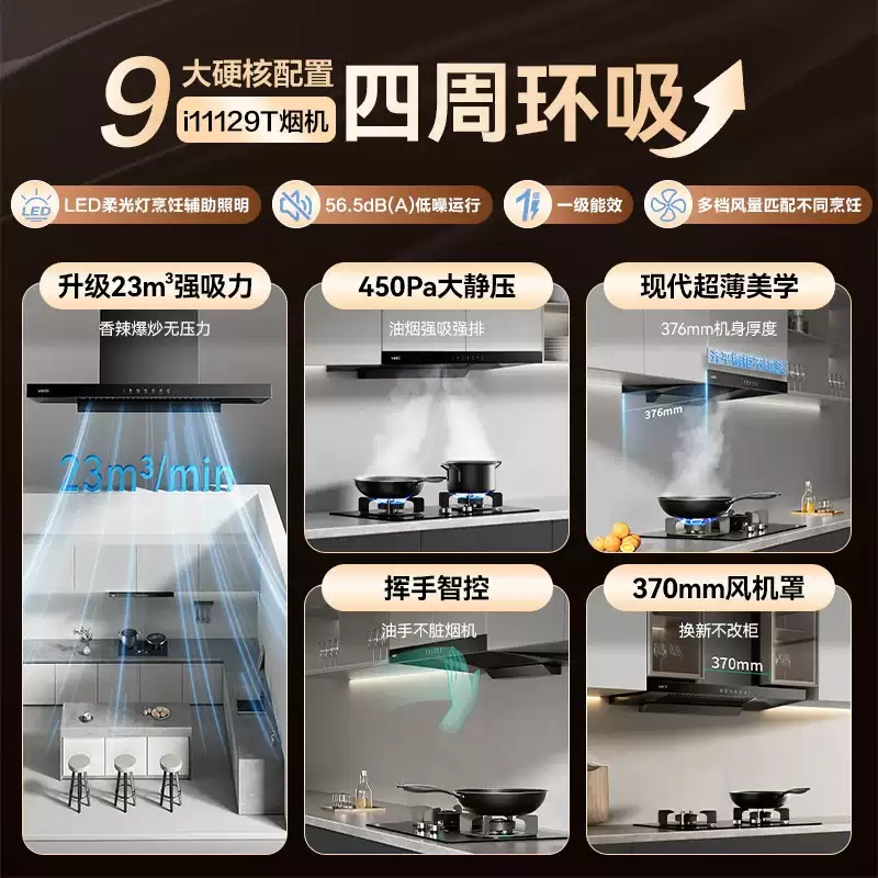 新品升级超薄平嵌抽油烟机i11129T 单烟机小尺寸齐平橱柜 23风量大吸力挥手感应 家用脱排抽油烟机高清大图