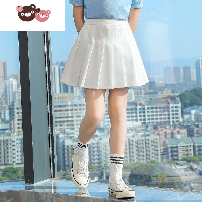 绿彩虹光女童百褶裙夏儿童学院风白色半身短裙夏季夏装短袖套装中大童