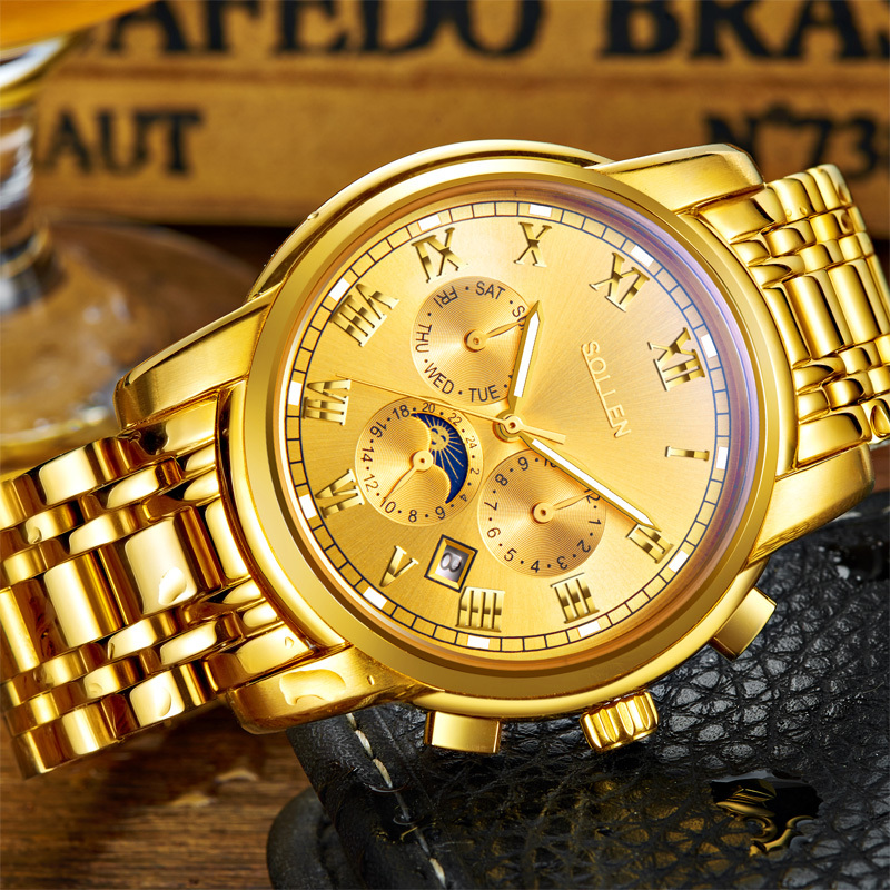 梭伦(SOLLEN)手表男自动机械表钢带镂空时尚休闲商务复古腕表夜光防水正装男表SL-801高清大图