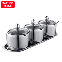 日本泰福高(TAFUCO)304不锈钢调味料盒套装调料盒调味罐调料器皿厨房辅料瓶盐盒猪油罐 3件套 T5180-不锈钢色