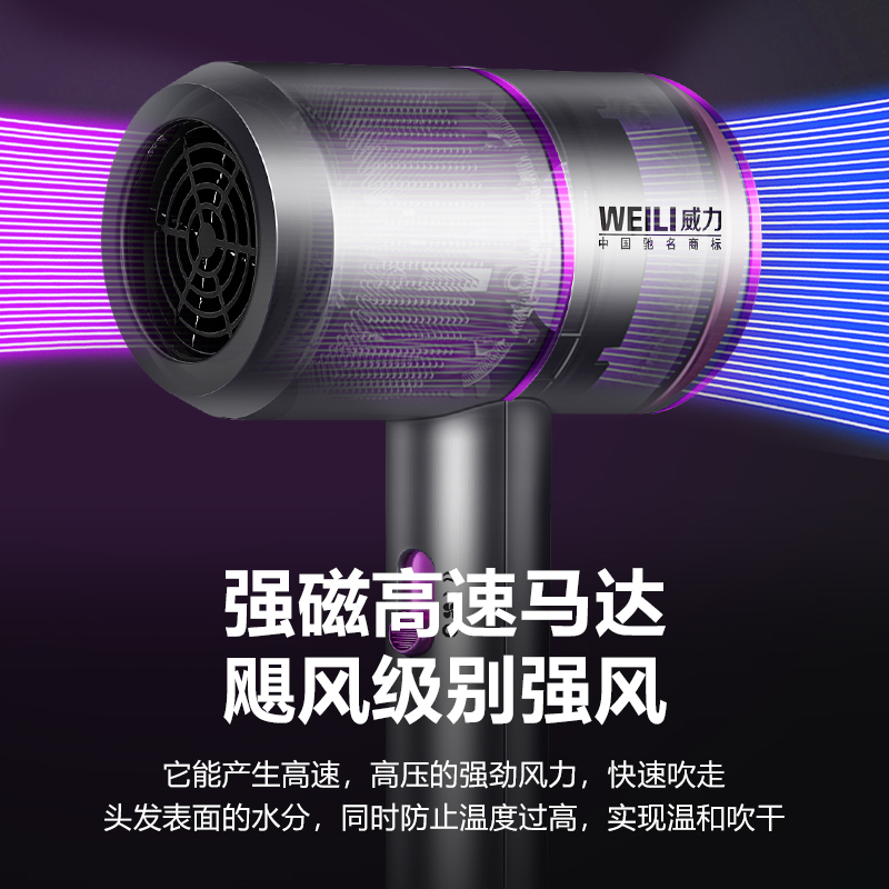 威力电吹风机家用小功率蓝光负离子护发宿舍轻音便携不伤发风筒高清大图