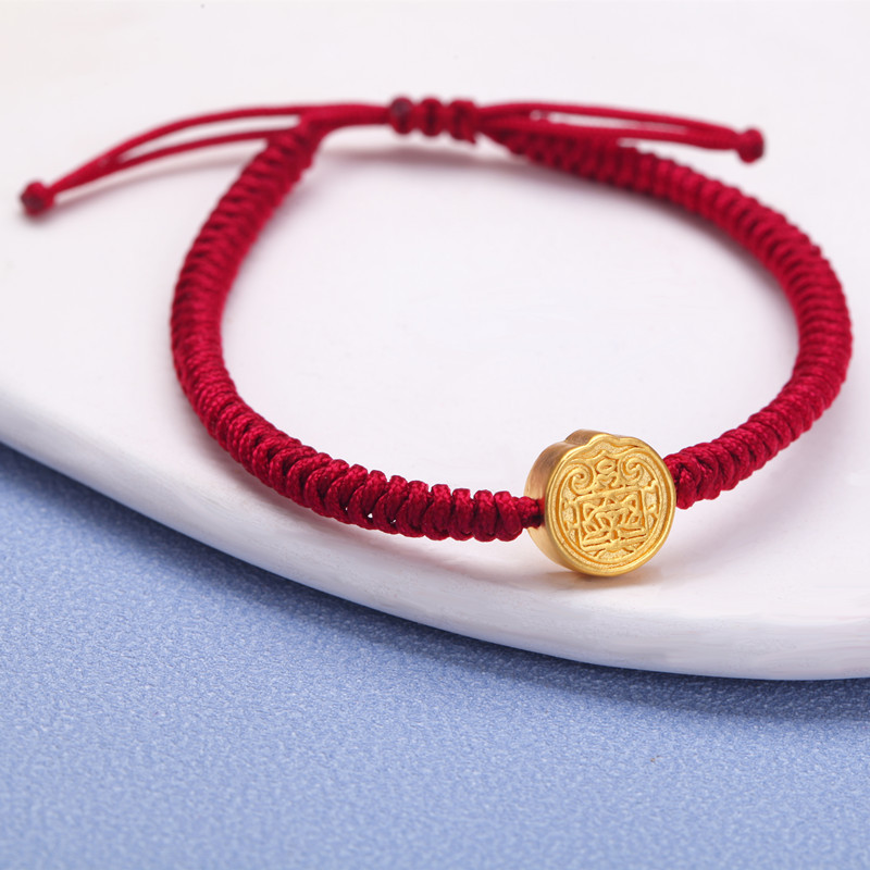 新金珠宝黄金五路财神手链纯金硬金路路通本命年红色手绳1042