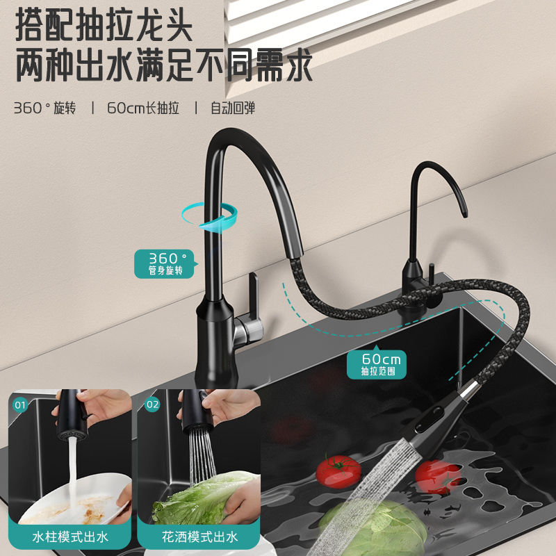 厨房不锈钢水槽单槽手工加厚台下盆洗菜池家用纳米黑色大单盆高清大图