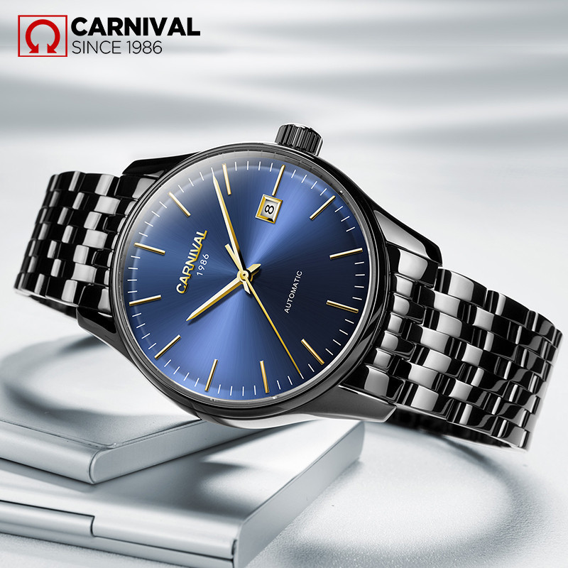 瑞士嘉年华Carnival新款男手表薄款全自动机械表 男士全黑精钢男表真皮防水休闲腕表简约时尚手表8612G薄款高清大图