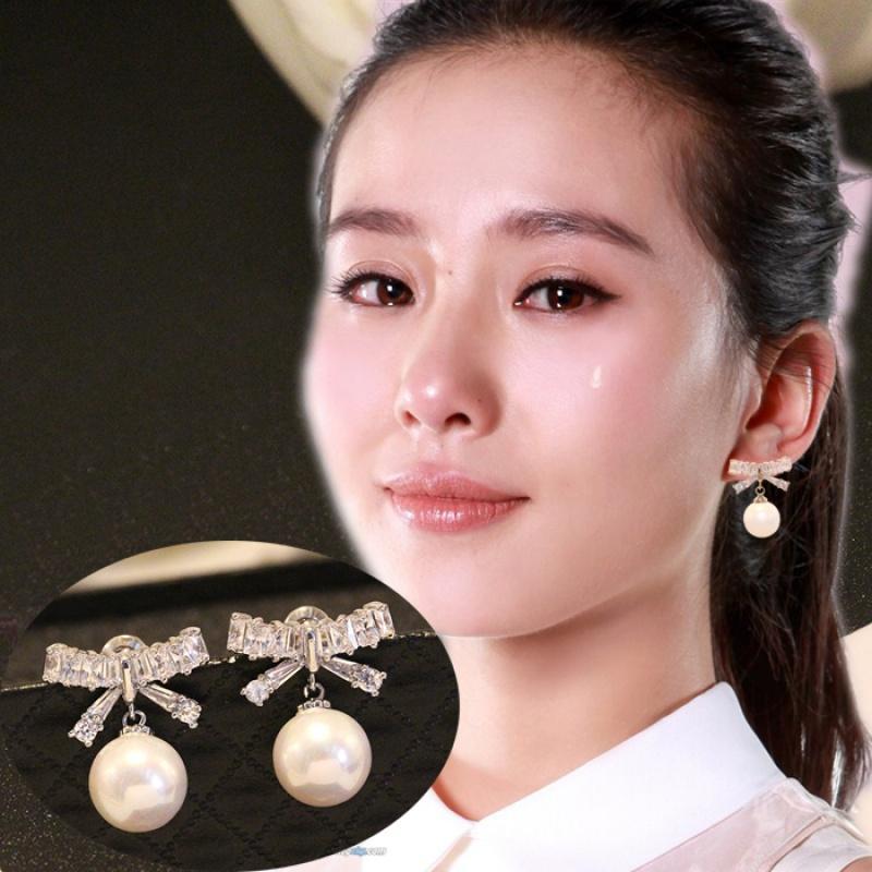 韩国气质长款珍珠耳坠水晶锆石蝴蝶结耳钉女 925银针耳环时尚饰品送女朋友老婆生日礼物送女朋友七夕情人节礼物