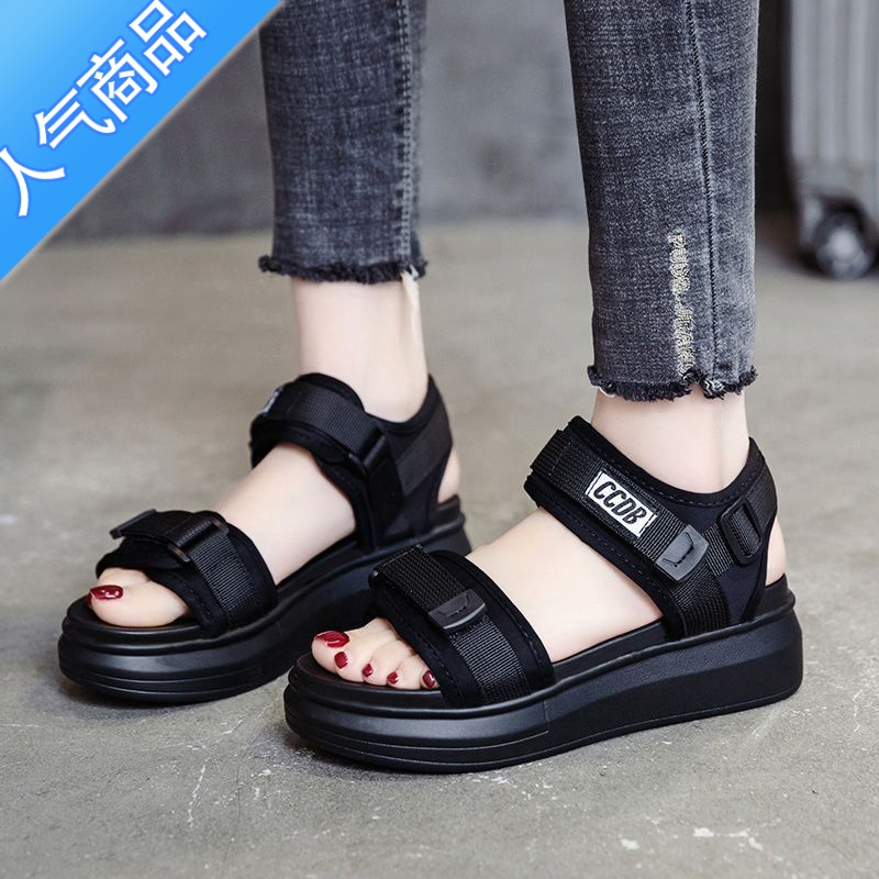 SUNTEK老爹运动凉鞋女夏2023年新款松糕厚底坡跟平底学生休闲度假沙滩鞋高清大图