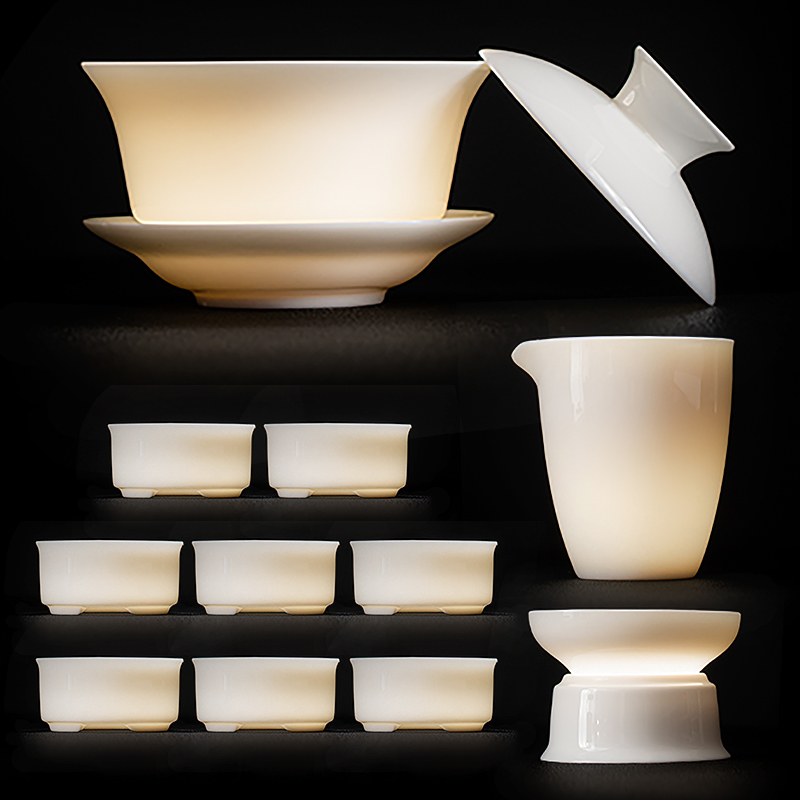 苏氏陶瓷(SUSHI CERAMICS)羊脂玉茶具套装德化陶瓷三才盖碗纯白瓷功夫茶杯礼盒装