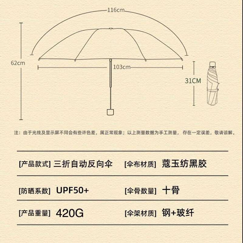 天堂伞寇玉纺黑胶晴雨伞 自动一键开收 防晒防紫外线UPF50+ 反向伞31173E 静澜净空蓝高清大图