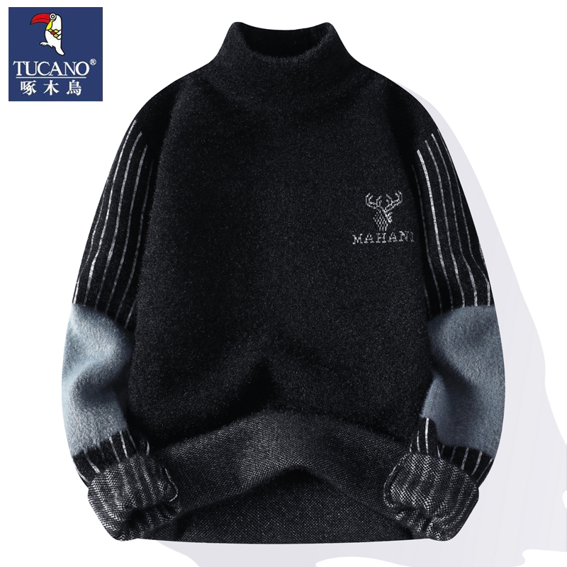 啄木鸟半高领毛衣男冬季纯色保暖水貂绒针织衫秋冬男士加厚打底厚 4XL165-180斤左右 236鹿头黑色
