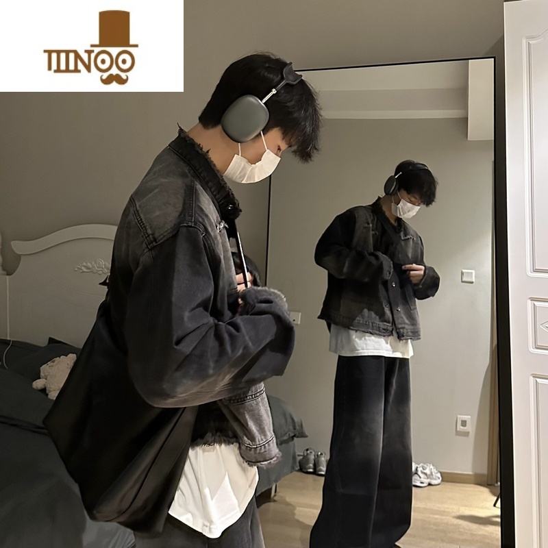 YANXUALCF韩版街头垫肩潮牌牛仔夹克水洗做旧毛边牛仔衣外套ins男士