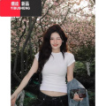 YIBUSHENG奶黄色上衣短款polo衫女2024新款正肩t恤修身收腰内搭短袖短 M 白色圆领T恤常规无抽褶