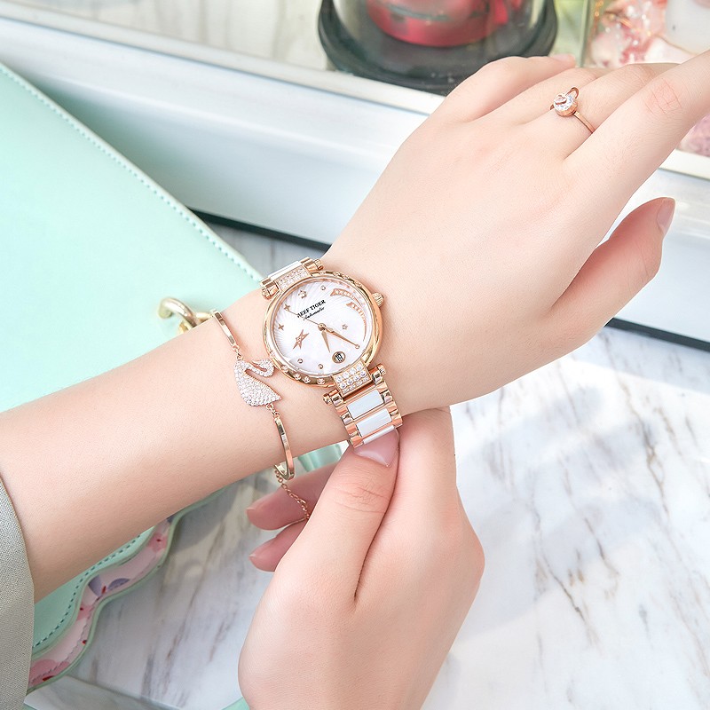 瑞夫泰格REEF RIGER正品时尚手表进口机芯全自动机械女士休闲陶瓷星空表防水品牌轻奢女表RGA1592-1 玫金白陶瓷带