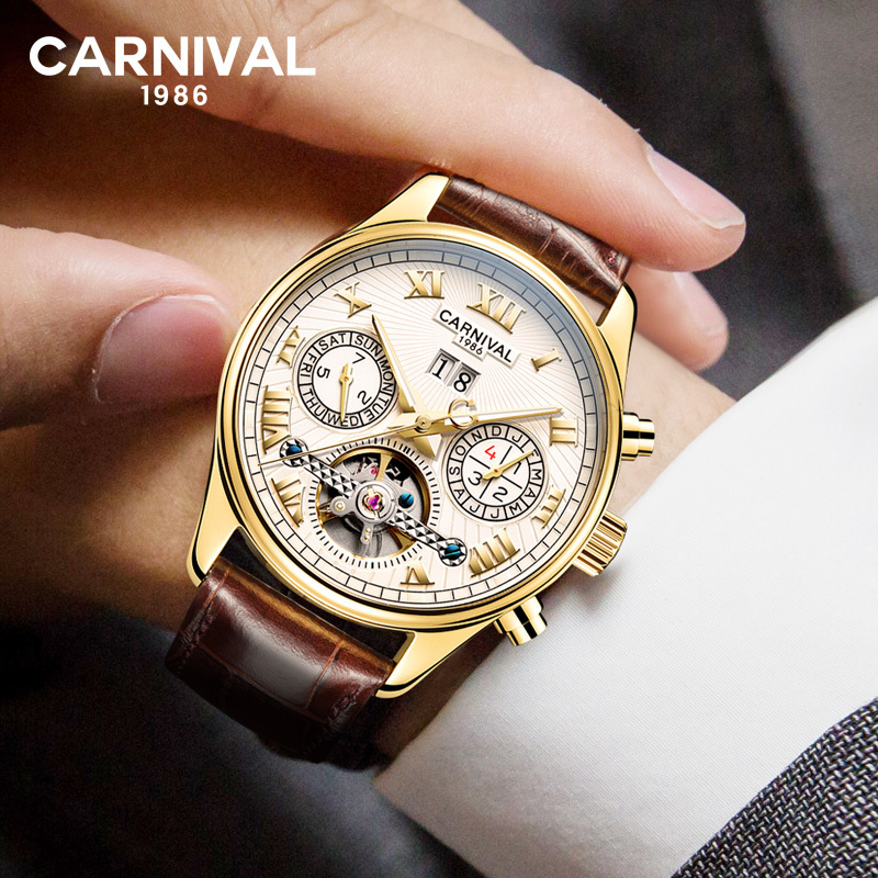 正品嘉年华Carnival大表盘飞轮全自动机械表 男手表时尚休闲男表防水镂空真皮表带金属精钢腕表8660G高清大图