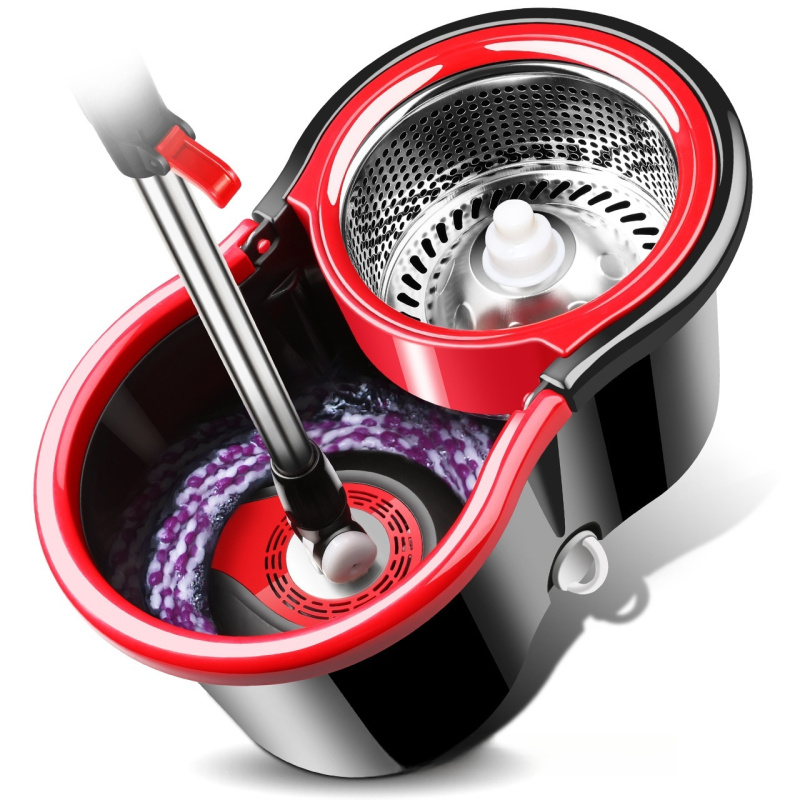 优橙 红黑色钢篮+加强杆+塑料盘+2个拖把头 旋转式免手洗墩布甩水拖桶家用自动拖布好神拖把桶