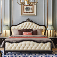 A家家具 床 双人床 实木床 轻奢美式乡村实木真皮床主卧拉扣皮艺软包床QS103 1.8M架子床(真皮)+床垫+2床头柜