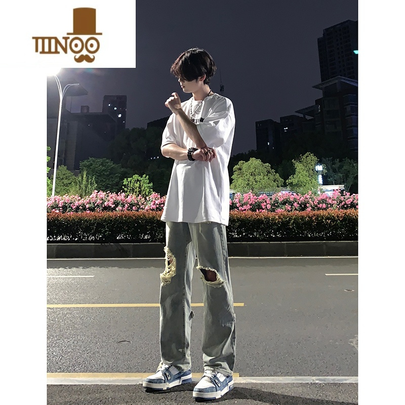 YANXU黑色破洞牛仔裤夏季薄款男工装显腿长裤子高街美式vibe直筒微喇裤