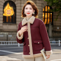 加绒保暖妈妈外套时尚中老年女士休闲冬装大码宽松皮毛一体衣服厚 2XL(建议110-125斤） 酒红色棉衣