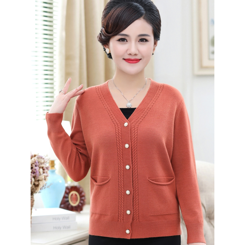艳如飞秋新款简约色针织开衫大码毛衣外套毛衫女v领上衣中年妈妈装