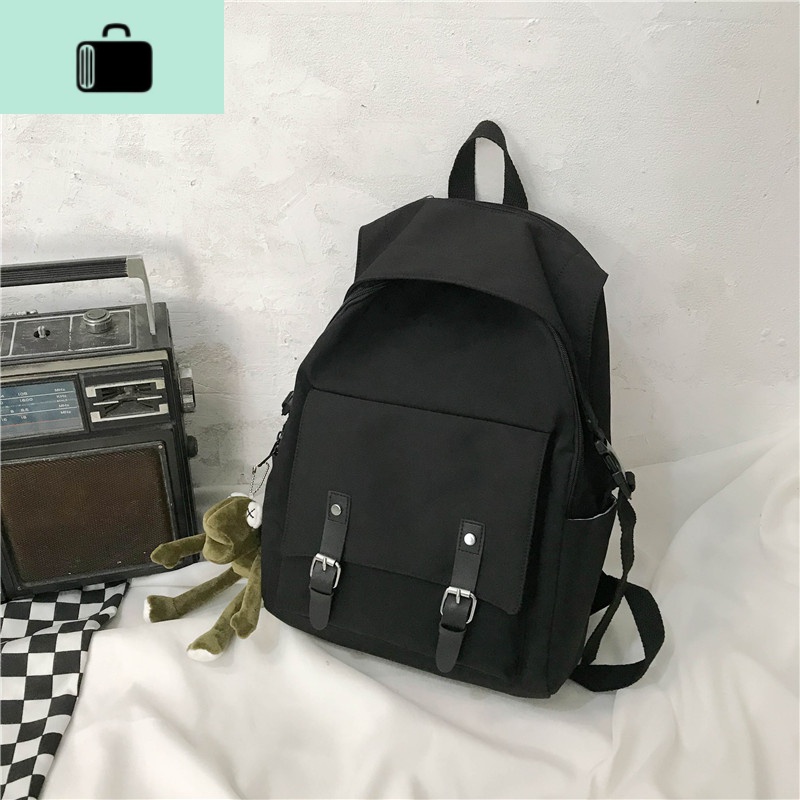 女大学生韩版高中原宿书包森系暗黑初中生帆布双肩包背包NEW LAKE 黑色带青蛙挂件