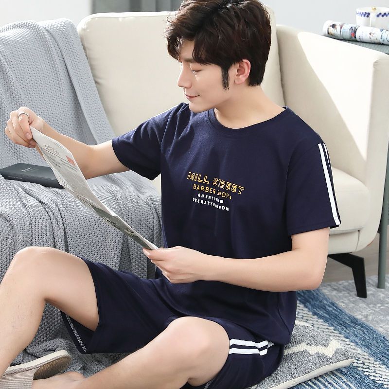 纯棉睡衣男士夏季短袖短裤夏天薄款中青年简约全棉家居服套装