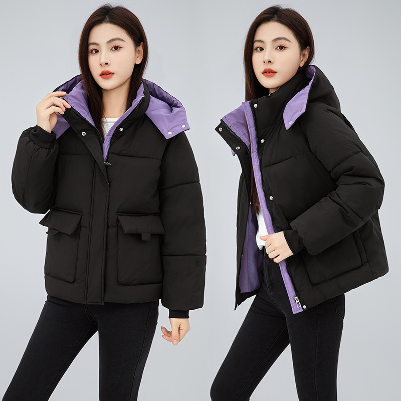 羽绒棉衣女外套2024新款连帽面包服百搭冬装韩版宽松短款时尚棉服 黑色 S