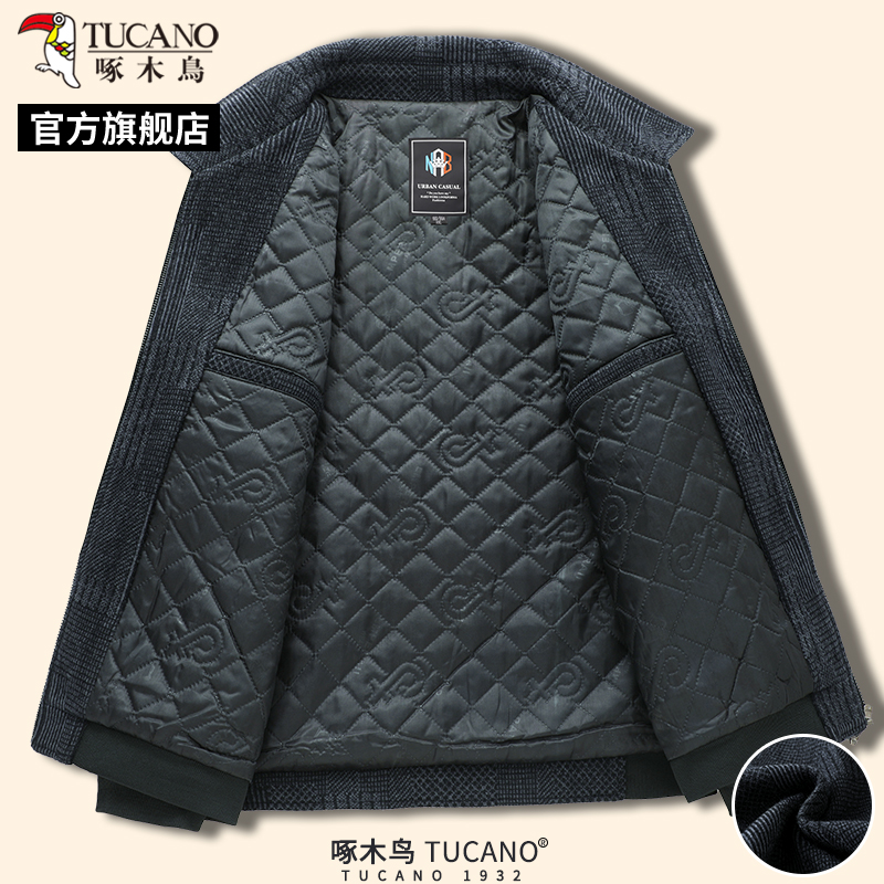 啄木鸟冬季新款男士中年呢子大衣爸爸装保暖夹克外套加棉上衣服衣高清大图