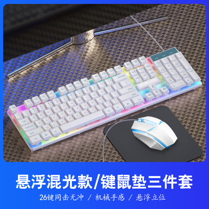 【补贴10%】键盘鼠标套装电脑台式笔记本办公打字专用USB有线机械键盘 【时尚好看】发光白◆键盘鼠标套装+鼠标垫