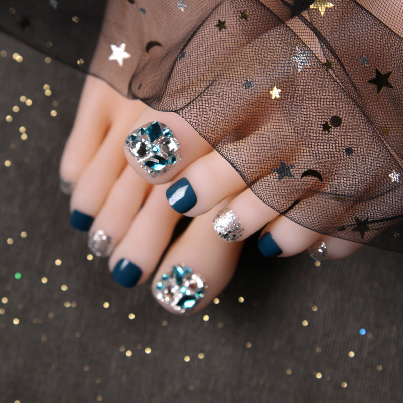 脚趾甲贴片夏天穿戴美甲女款短亮片蓝色日系假脚指甲甲片成品s664胶水