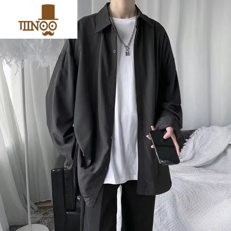 YANXU垂感衬衫男士长袖秋季外套翻领宽松潮流ins百搭港风痞帅黑色衬衣高清大图